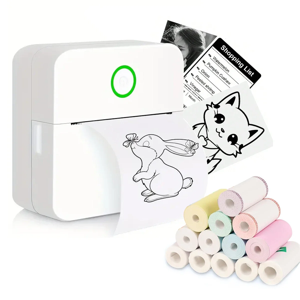 Mini Portabl Printer Inkless Sticker Maker X6 White+5 rolls of printing paper+5 color pens