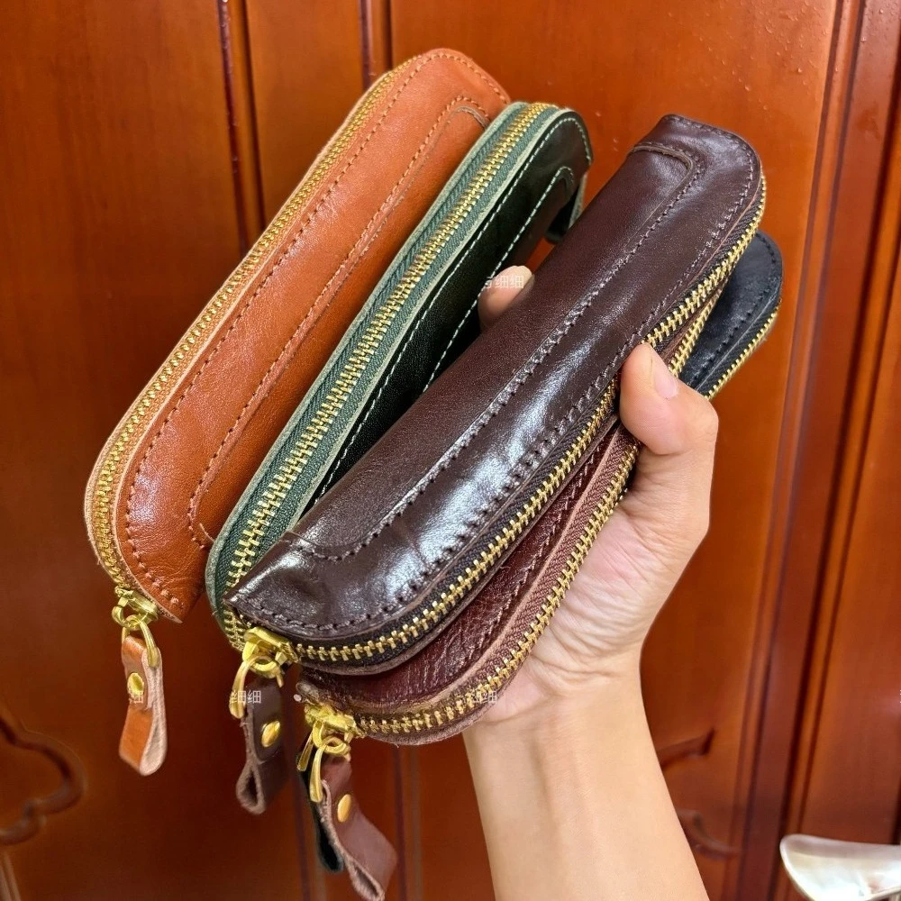Genuine Leather Pencil Case, Zippered Creative Pen Storage Pouch, Long Pod-shaped Organizer Bag for Students & Office Use