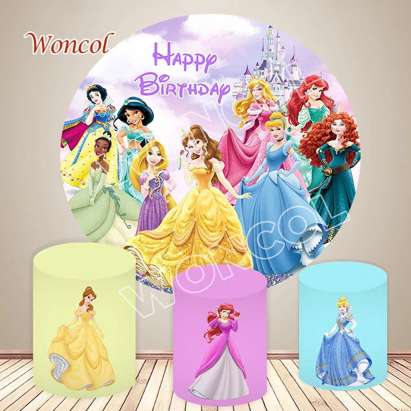 Disney Princess Round Backdrop Snow White Ariel Rapunzel Tiana Princess Birthday Backdrop Belle Aurora Cinderella Cylinder Cover