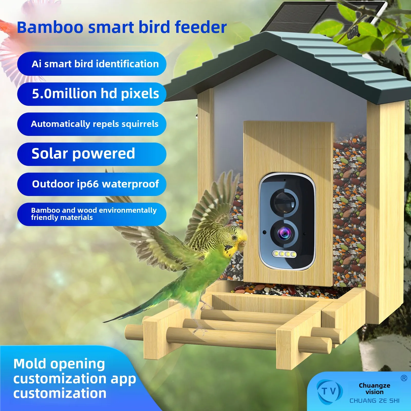 

Factory custom bamboo and wood intelligent bird feeder 5MP pixel solar power supply to drive squirrels and bird feeder wholesale
