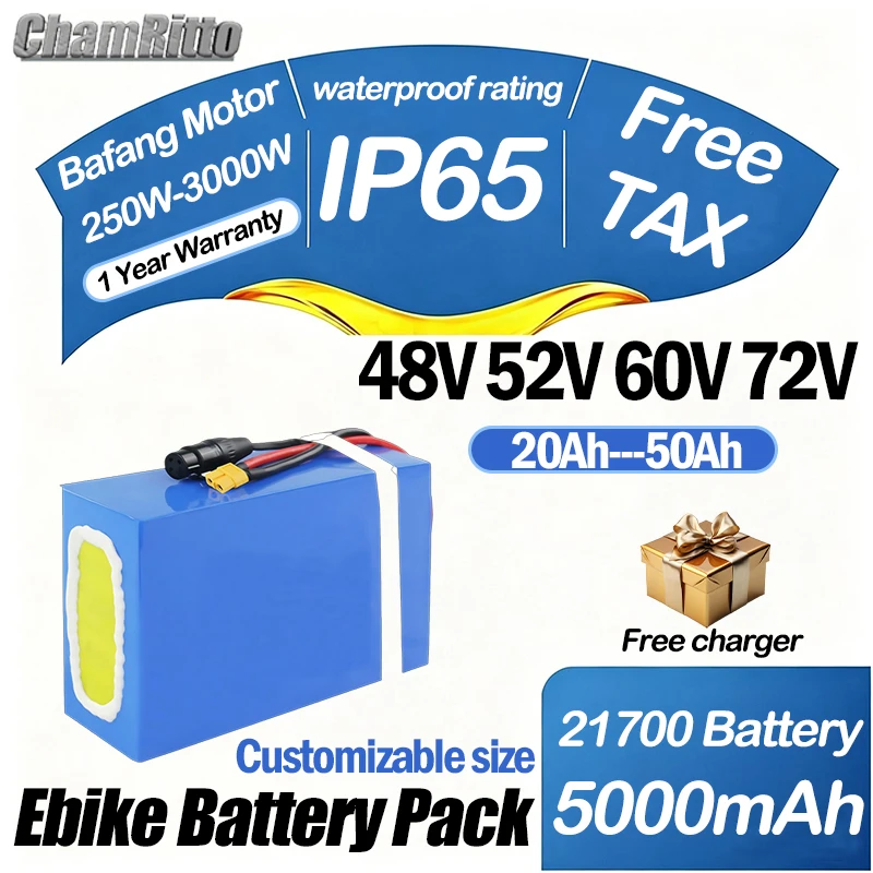 

Аккумулятор для электровелосипеда 60В 72В 2000Вт, мощность 1500Вт, 48В 52В 25Ач 30Ач 40Ач 50Ач, литиевая батарея 21700 для электросамоката