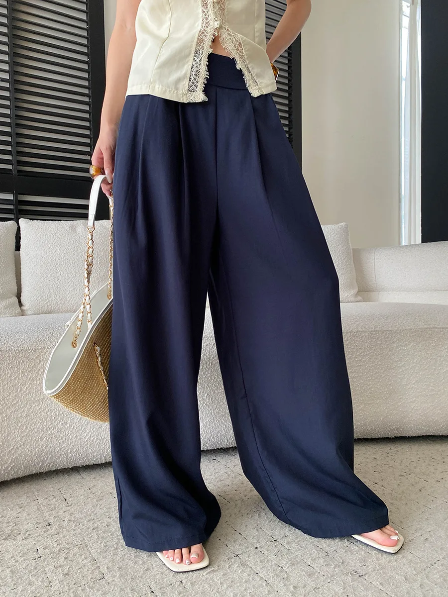 Sommerliche Damen-Freizeithose in Uni-Farbe, halb elastisch, hoher Bund, locker geschnitten, weites Bein – Detail 10