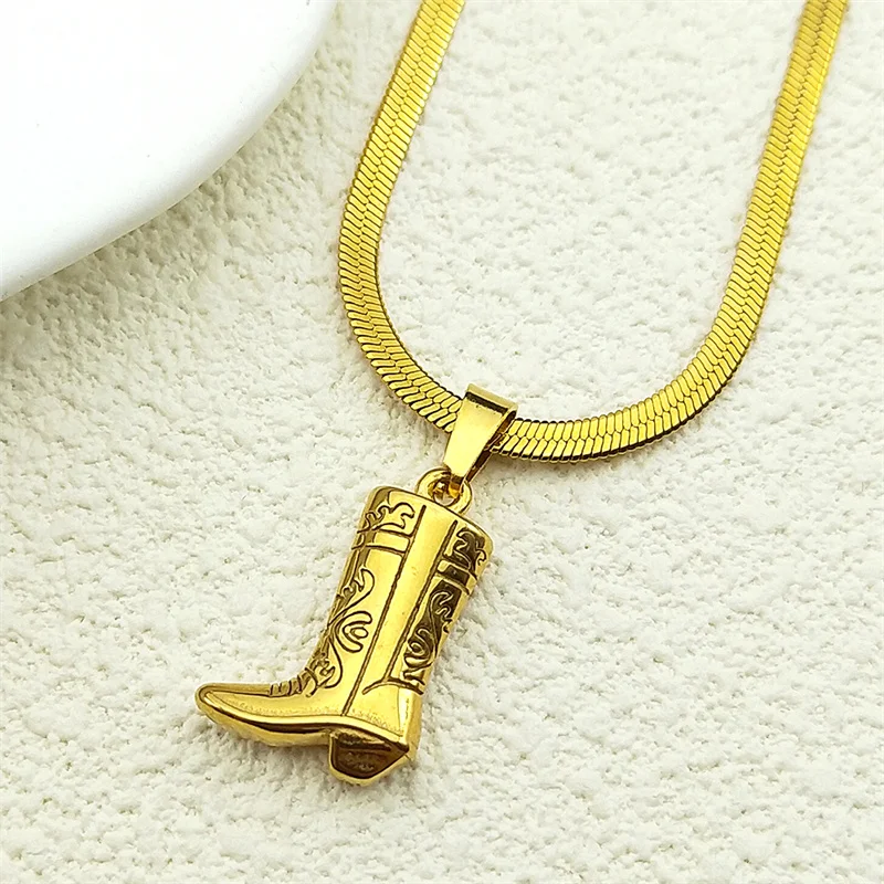 

West Cowboy Totems Boots Necklace For Women Men Stainless Steel Gold Silver Color Punk Christmas Shoes Chain Jewelry