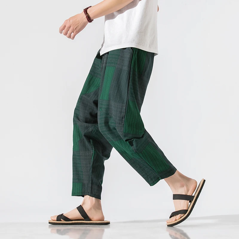 

Summer Men's Trousers Chinese Style Loose Tied Shorts Breathable Casual Cotton and Linen Mens Pants