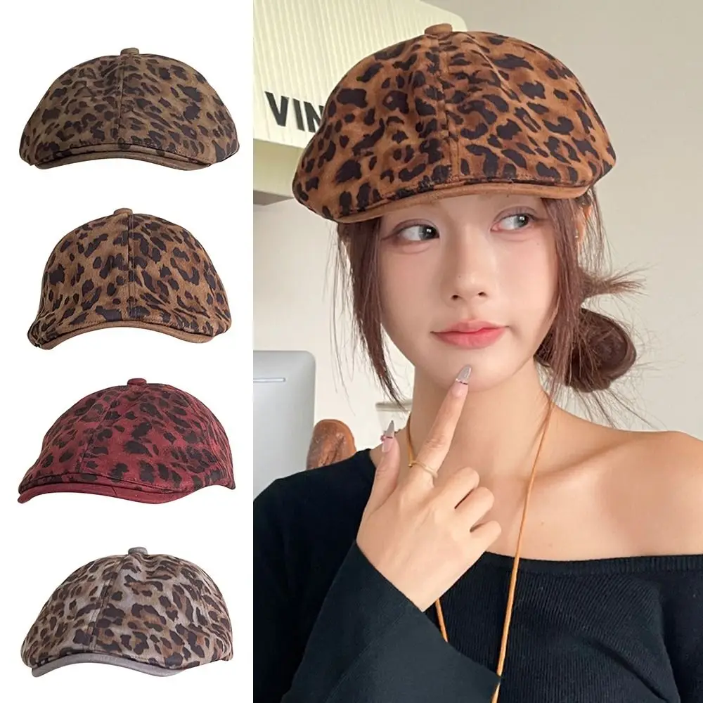 

Cute Sweet Berets Hat Adjustable Retro Artist Berets Leopard Print Painter Cap Spring Autumn
