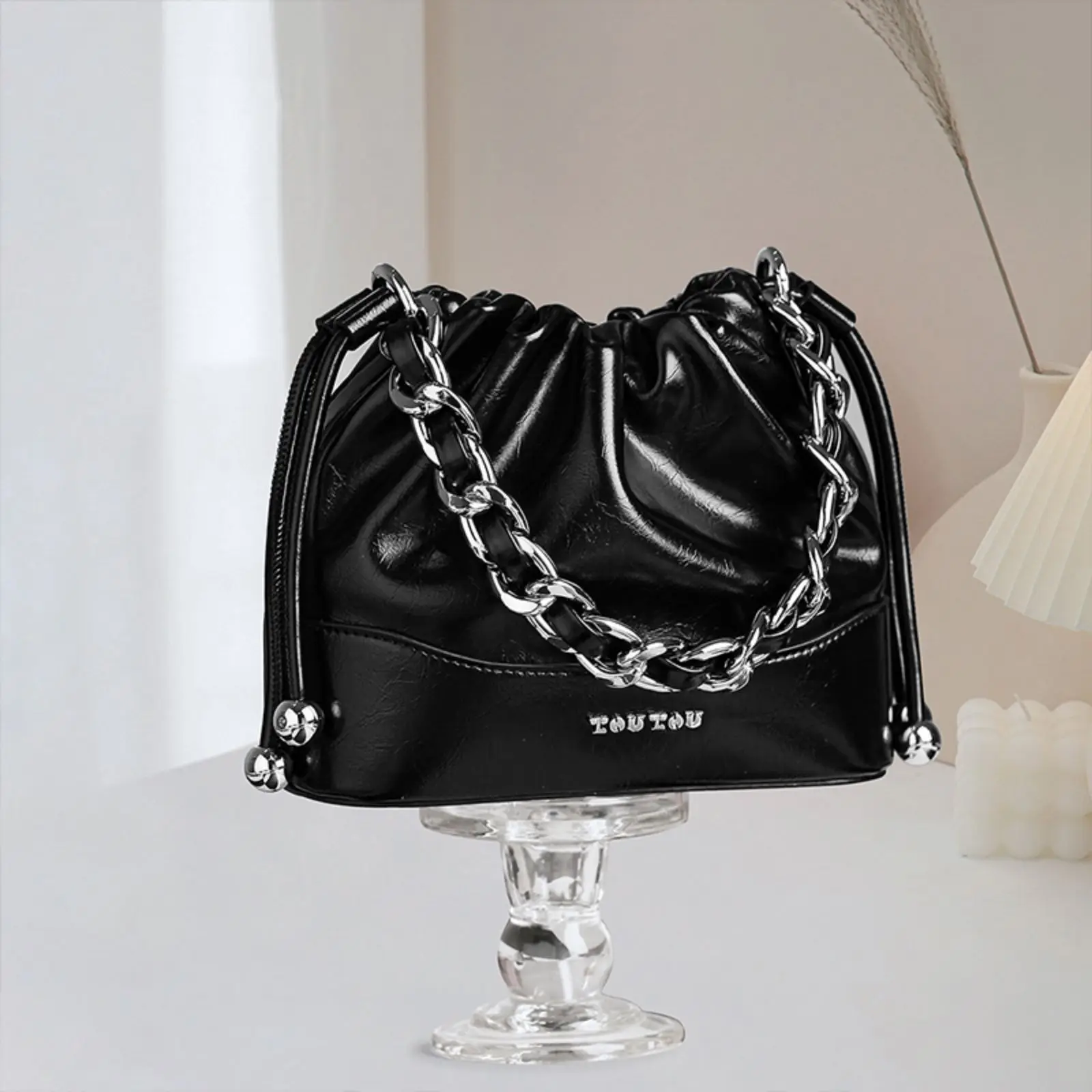 TOUTOU Chain Handbag Drawstring Single Shoulder Silver Black Cloud Bag for Cosmetics Crossbody Makeup Storage Shopper Handbag