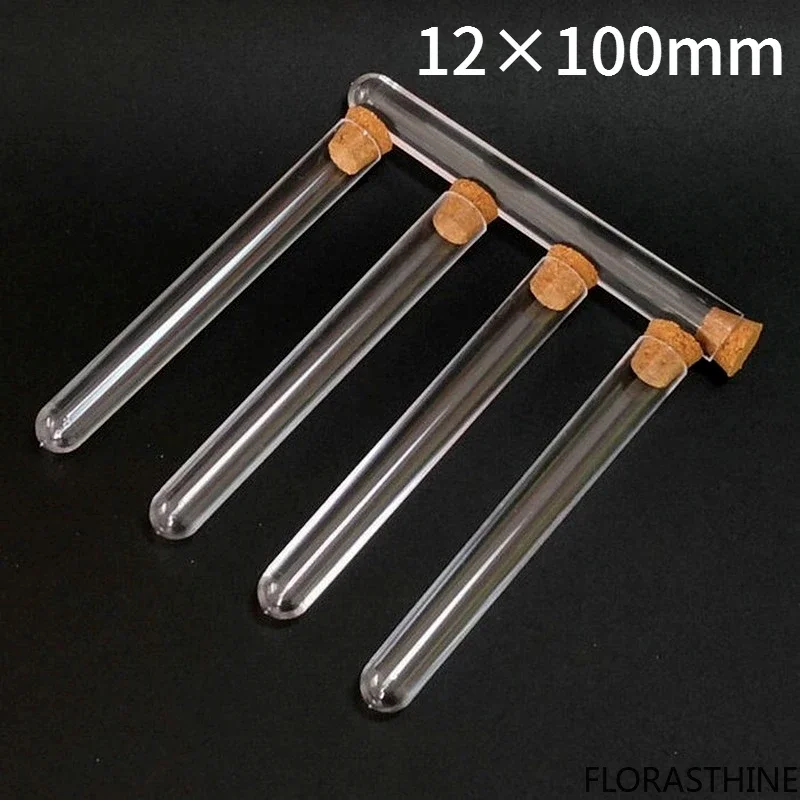 100pcs /lot 12x100mm Lab Clear Plastic Test Round Tube Bottom Tube Vial with Cork