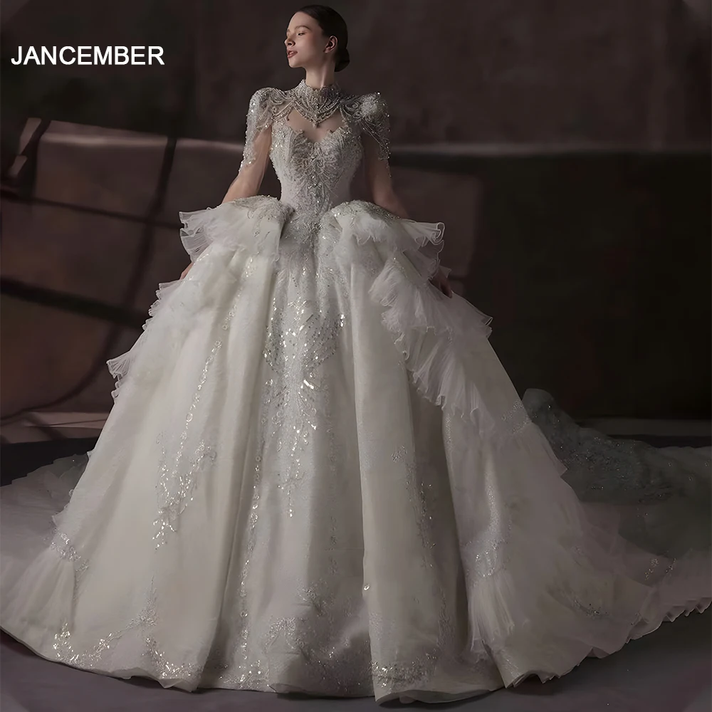 Jancember Superfine Customization Wedding Dresses For Women High Neck Beading Crystal Button Ruffles Vestidos De Novia LSHT013