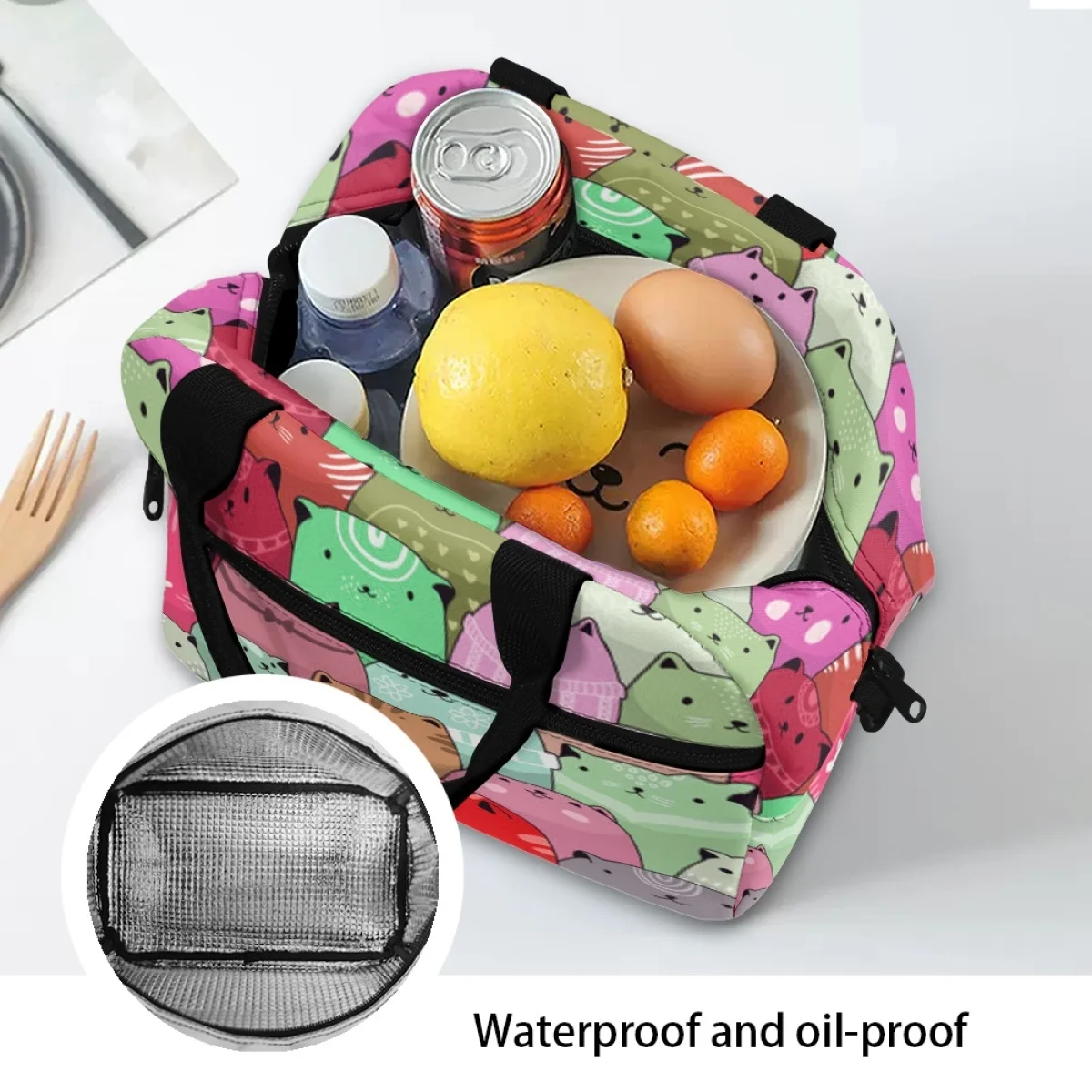 Kawaii Candy Cat Pattern Design Thermal Lunch Bags for Children Light Simple Portable Fridge Thermal Bag Travel Outdoor Bag 2023