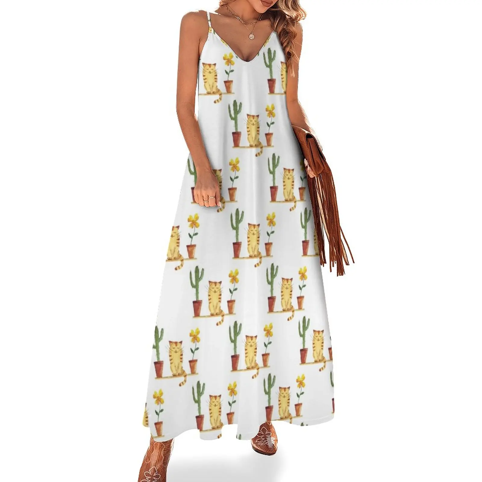 

cat and cactus pattern Sleeveless Dress elegant women's dresses sale womens dress