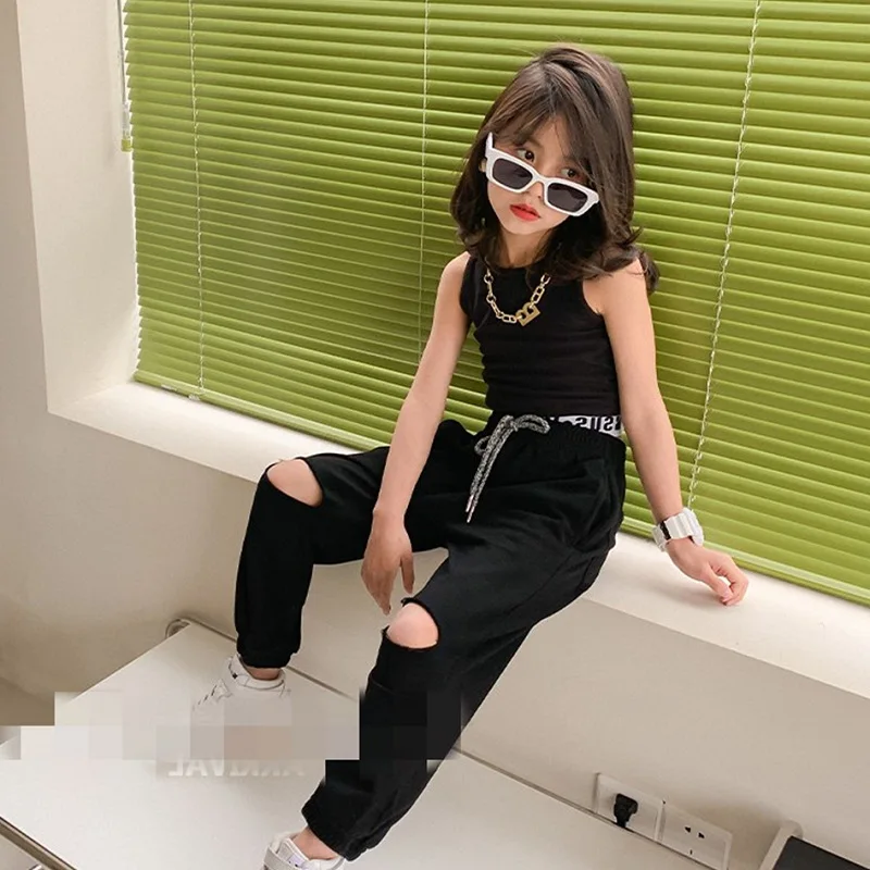 2026 Summer Fashion Baby Girls Cotton Sleeveless Slim t-Shirt Tops + Drawstring Ripped Pant Sets Kids 2 Pieces Outfits 2-8 Years