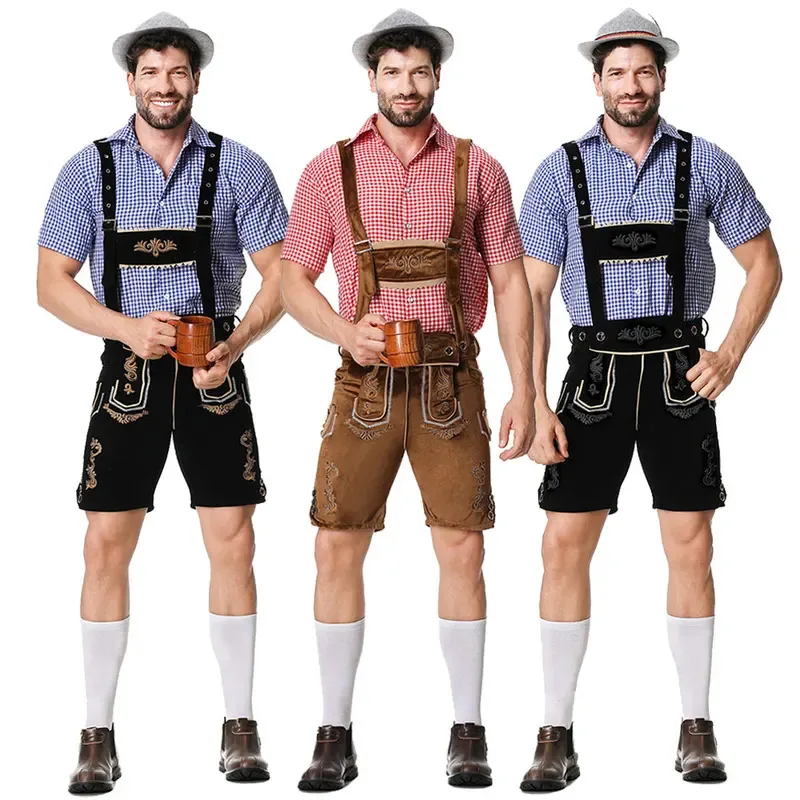 

Male Oktoberfest Lederhosen Costume Bavarian Octoberfest German Beer Costume Shirt Suspender Shorts Hat Cosplay Costumes