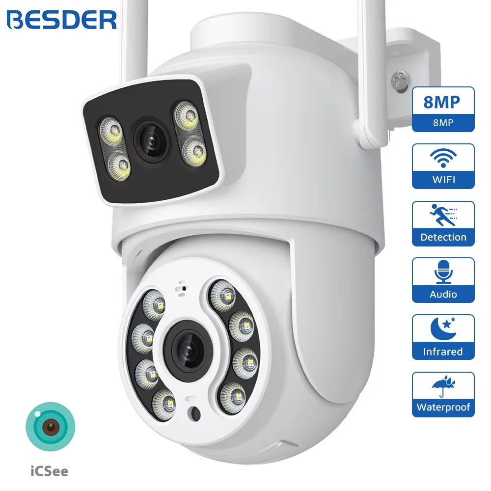 BESDER 8MP PTZ Wifi Camera 4K Outdoor Dual Screen Auto Tracking Night Vision 4MP Security Protection IP Camera Audio P2P iCSee