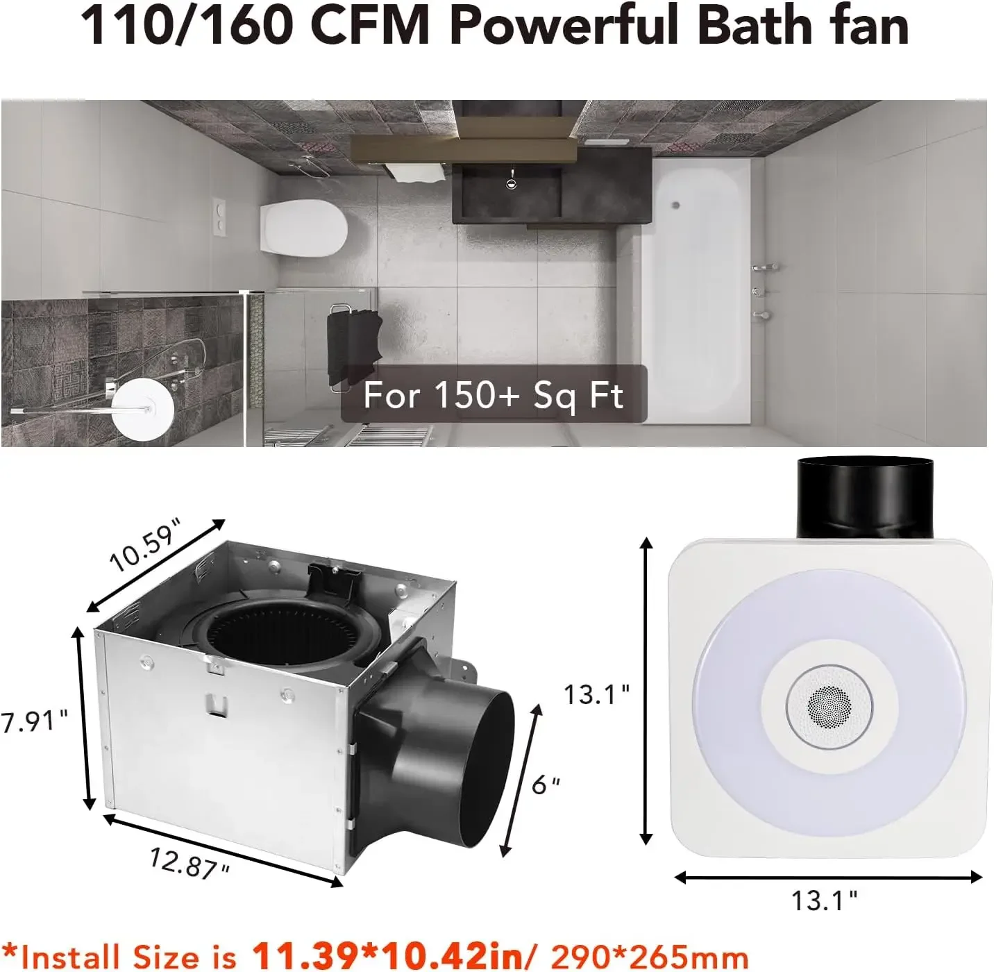 Bathroom Fan with Bluetooth Speaker, 110/160 CFM 1.0 Sone Bathroom Exhaust Fan with Light, 40W Bathroom Fan