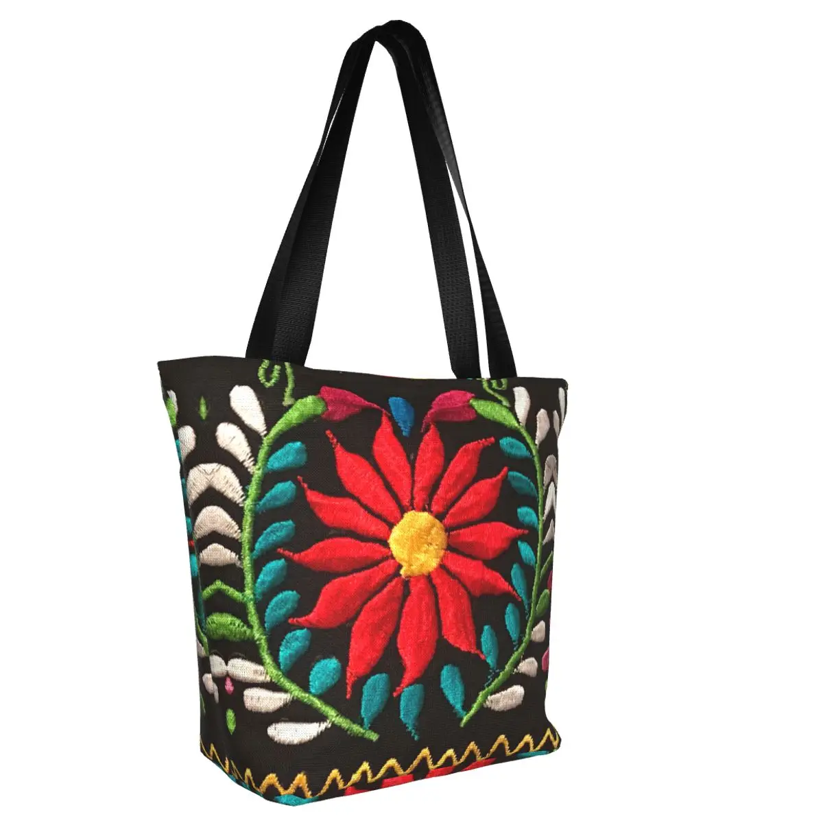 Mexican Spanish Embroidery Flowers Tote Shopping Bags Recycling Canvas Shoulder Shopper Traditional Textile Flowers Handbag