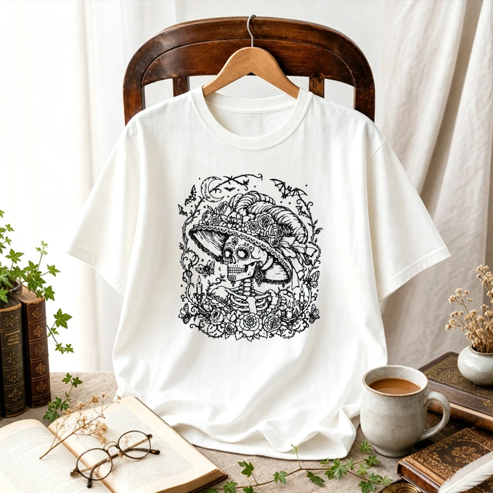 Dia De Los Muertos Catrina Skeleton Lady Sketch Floral Vintage Line Art Mexican Day of The Dead Graphic Cotton T‑Shirt Tops Tees