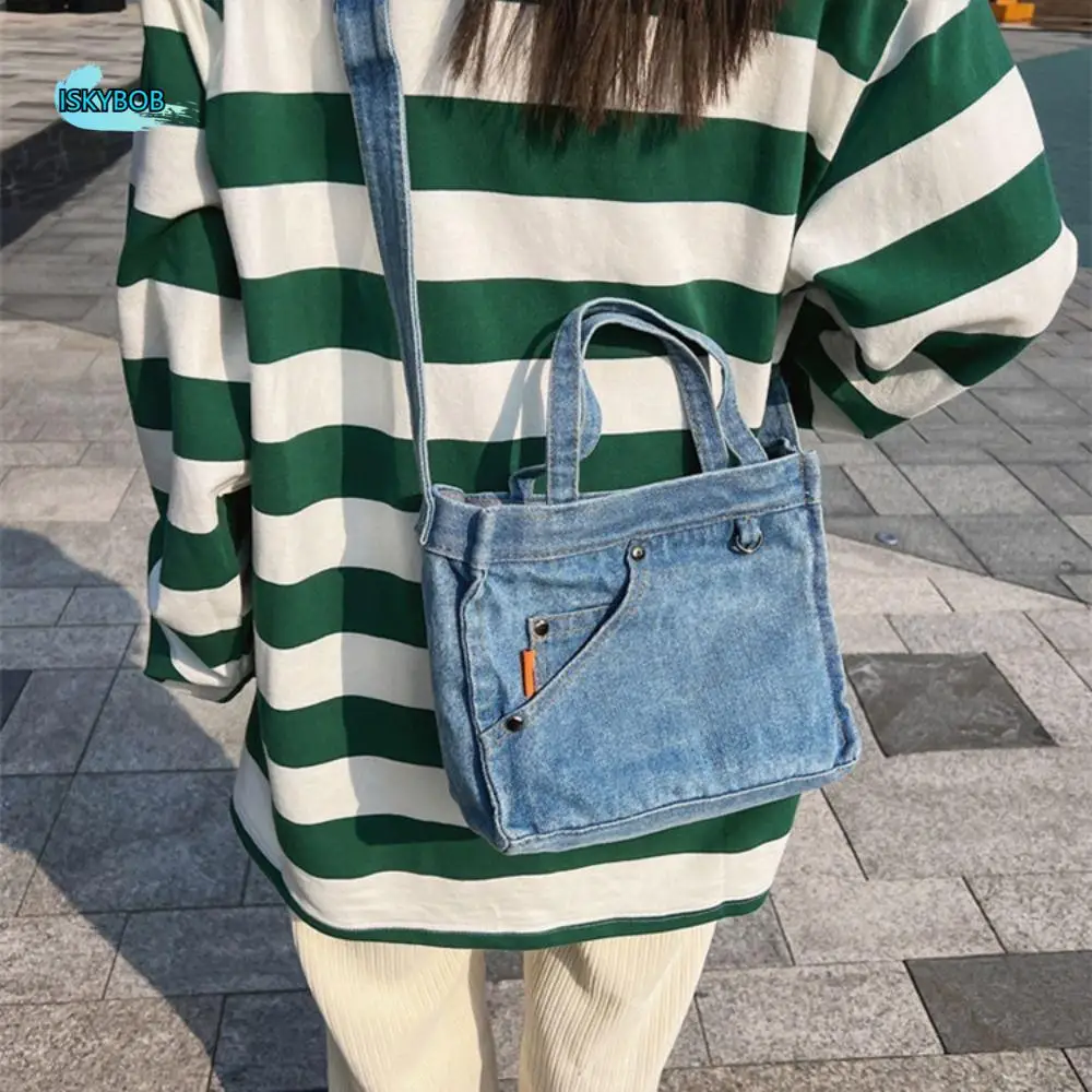 

Модная джинсовая сумка через плечо большой вместимости, простая холщовая сумка-тоут, маленькая квадратная сумка, тканевая сумка на плечо для девочек