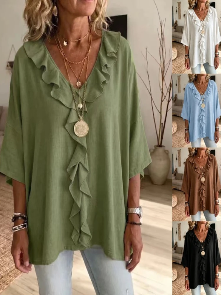 Women Fashion Versatile Ruffled Vneck Casual Sleeve Loose Tops Pullover Lady Clothing Casual T Shirts Women Clothes Tops Vintage