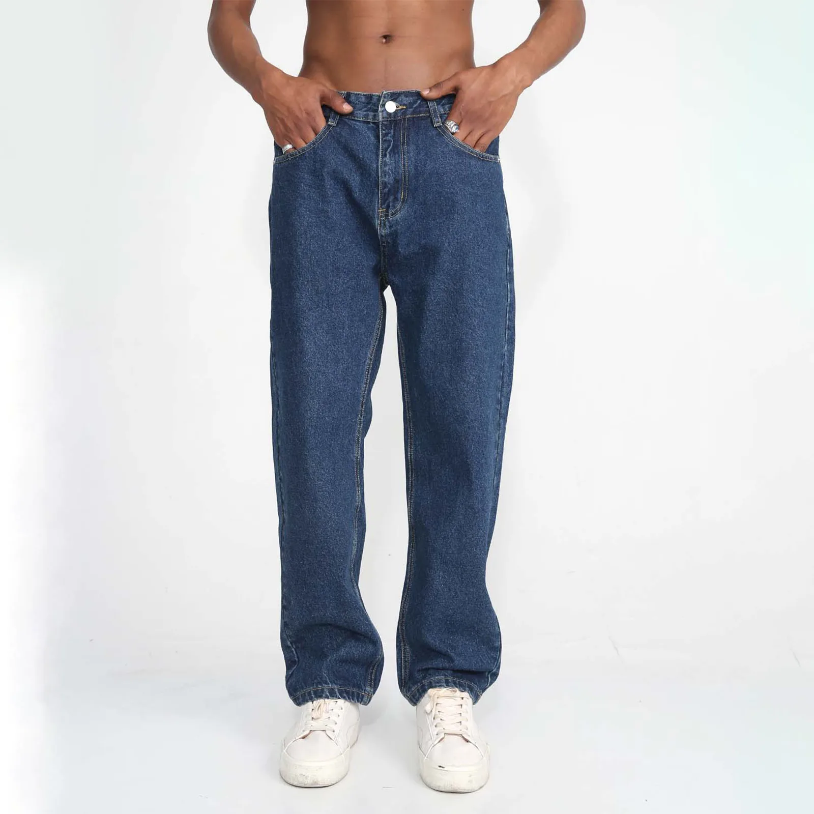 

2023 Men'S New Loose Blue Straight Pants Solid Color Casual Pants Baggy Homme Cargo Pocket Jeans Biker Denim Trousers