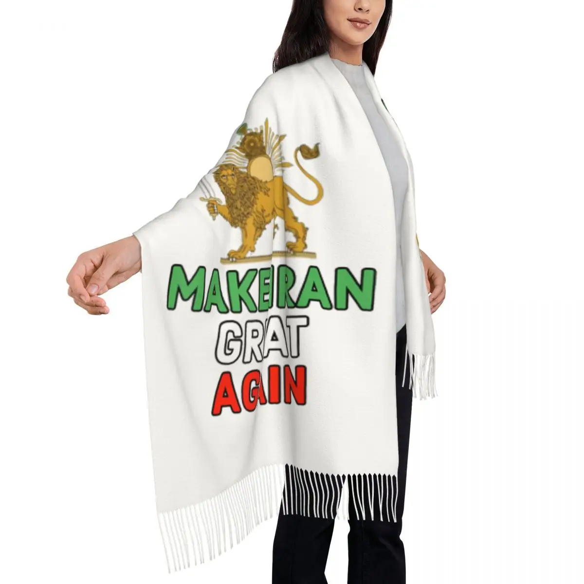 Make Iran Great Again Persian Lion And Sun Shiro Khorshid Scarf with Long Tassel Warm Shawls and Wraps Scarves Wraps Bufanda