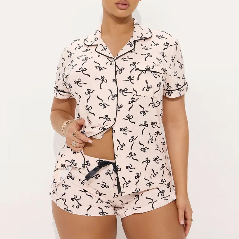 

2pcs Set Womens Summer Printed Pajamas Set Short Sleeve Top and Shorts Casual Loungewear