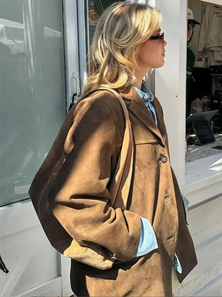 Retro Brown Single Breasted Lapel Suede Jacket Woman Chic Long Sleeve with Pocket Warm Short Coat Autumn Winter Street Outerwear