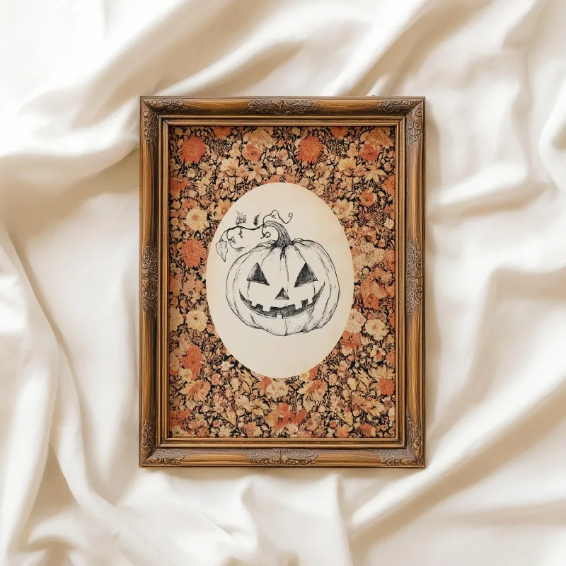 Vintage Floral Jack O Lantern Wall Art Print Retro Fall Pumpkin Antique Botanical Halloween Season Home Decor Unframed Canvas