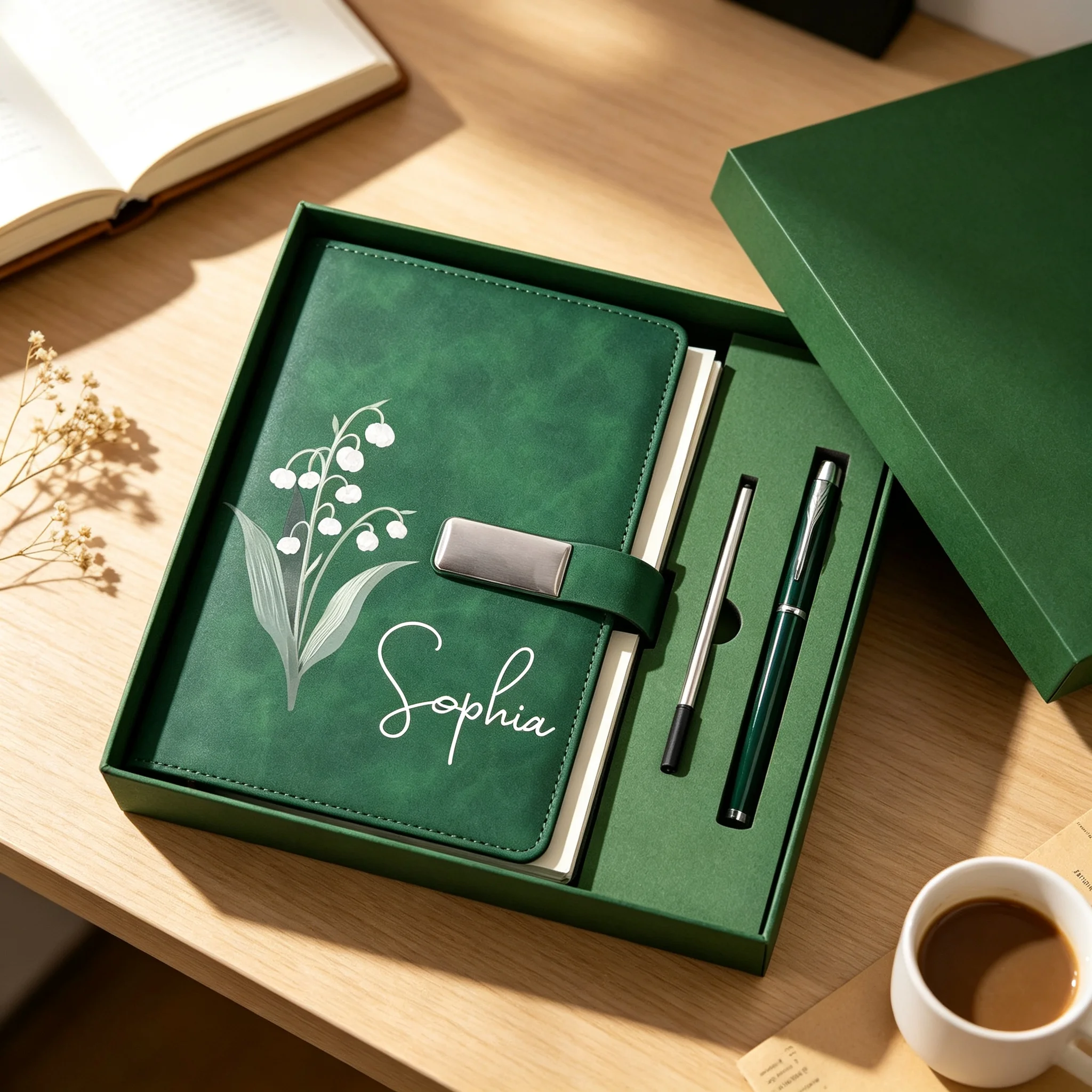 Customized Name Notebook Pen Stationery Set Lily of the Valley Pattern Leather Journal Gift Box for Office Lady Graduation Gift