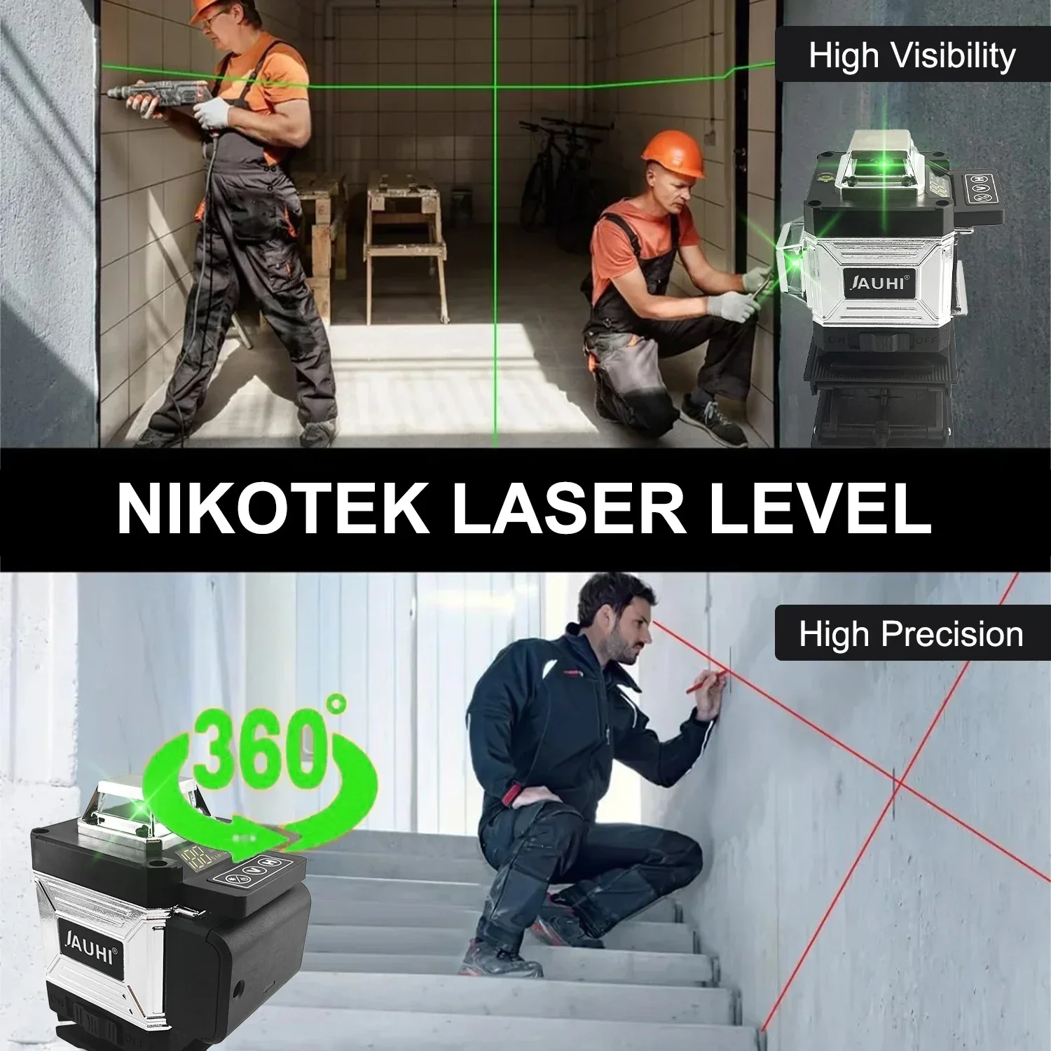 JAUHI 16 Lines 4D Green Laser Level Self-Leveling 360 Degre Horizontal And Vertical Cross Lines Green Laser Line LED Display