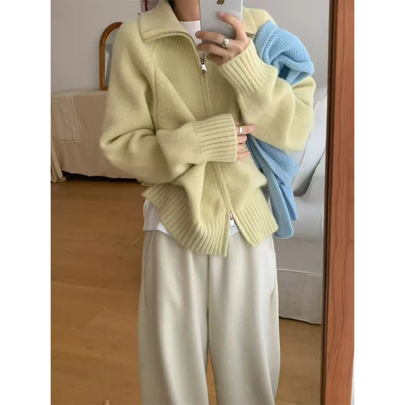 

Korean Sle Thiened Double Zipper Open Cardigan Loose Lazy Sle Knitted Outerwear Casual Comfortable Soft Candy Colored