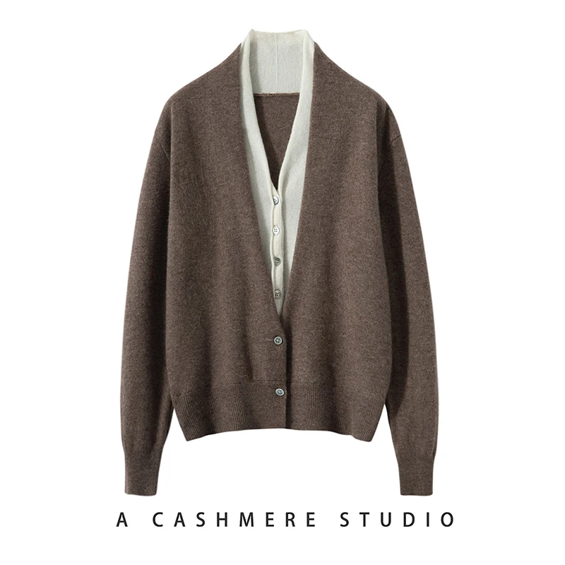 

Новый роскошный женский кашемировый свитер в консервативном стиле, кардиган с v-образным вырезом, вязаный трикотаж из 100% кашемира, осень-зима, искусственные топы из двух предметов