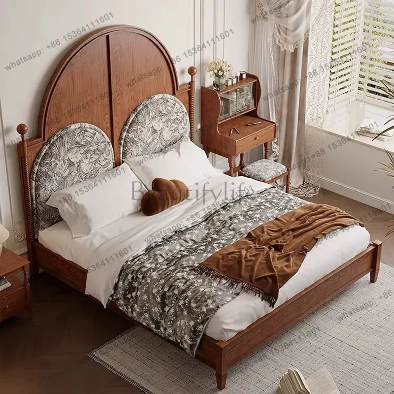 French retro solid wood master bedroom villa double bed Paris wind soft bag bed