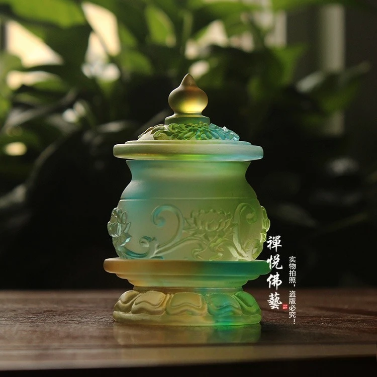 Handmade ancient glass relief lotus holy water cup Buddha supplies, water tribute cup ornament Buddha front supplies wholesale