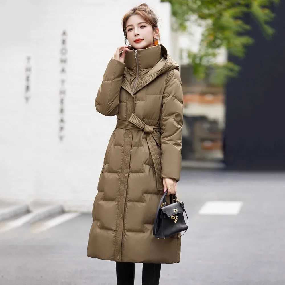 2024 Off-season Explosions Fashion High-end Temperament In The Long Leisure Over-the-knee Belt White Duck Down Warm Coat Women