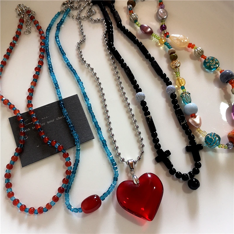 Trendy Red Glass Heart Pendant Bead Chain Choker Necklace For Women Aesthetic Vintage Y2K Charm Grunge Jewelry Scene Accessories