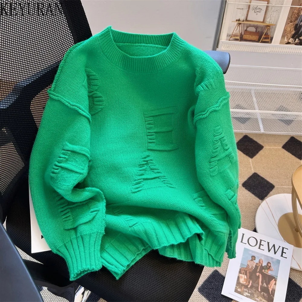 Knitted Pullovers Sweater Women\'s Autumn Winter Long Sleeve Casual Solid Green Crew Neck Loose Oversize Sweaters Female Jumper