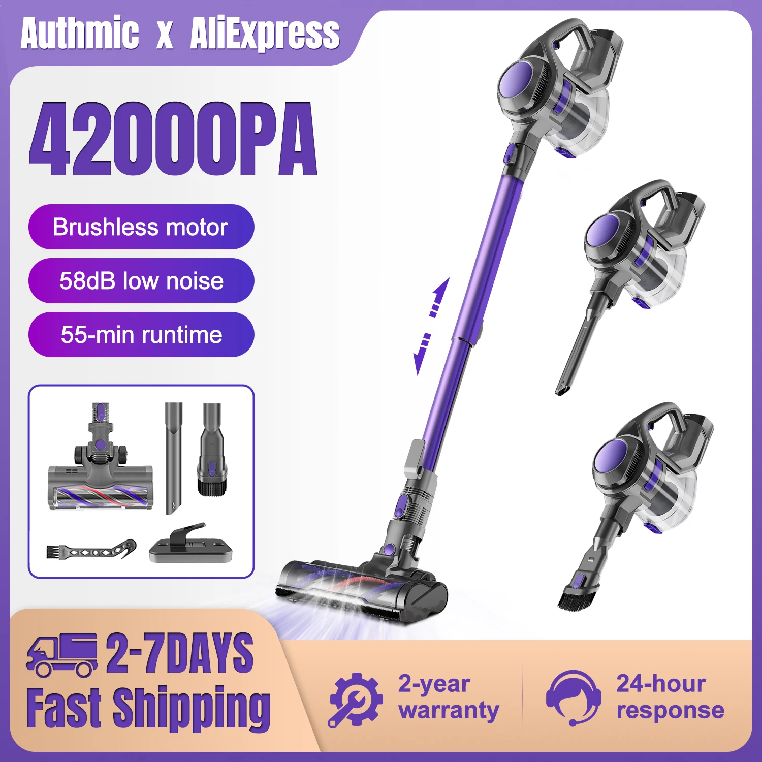 Authmic Akku-Staubsauger – 42000 Pa Saugleistung, 500 W, 55 Min. Laufzeit, 5-in-1-Vielseitigkeit,