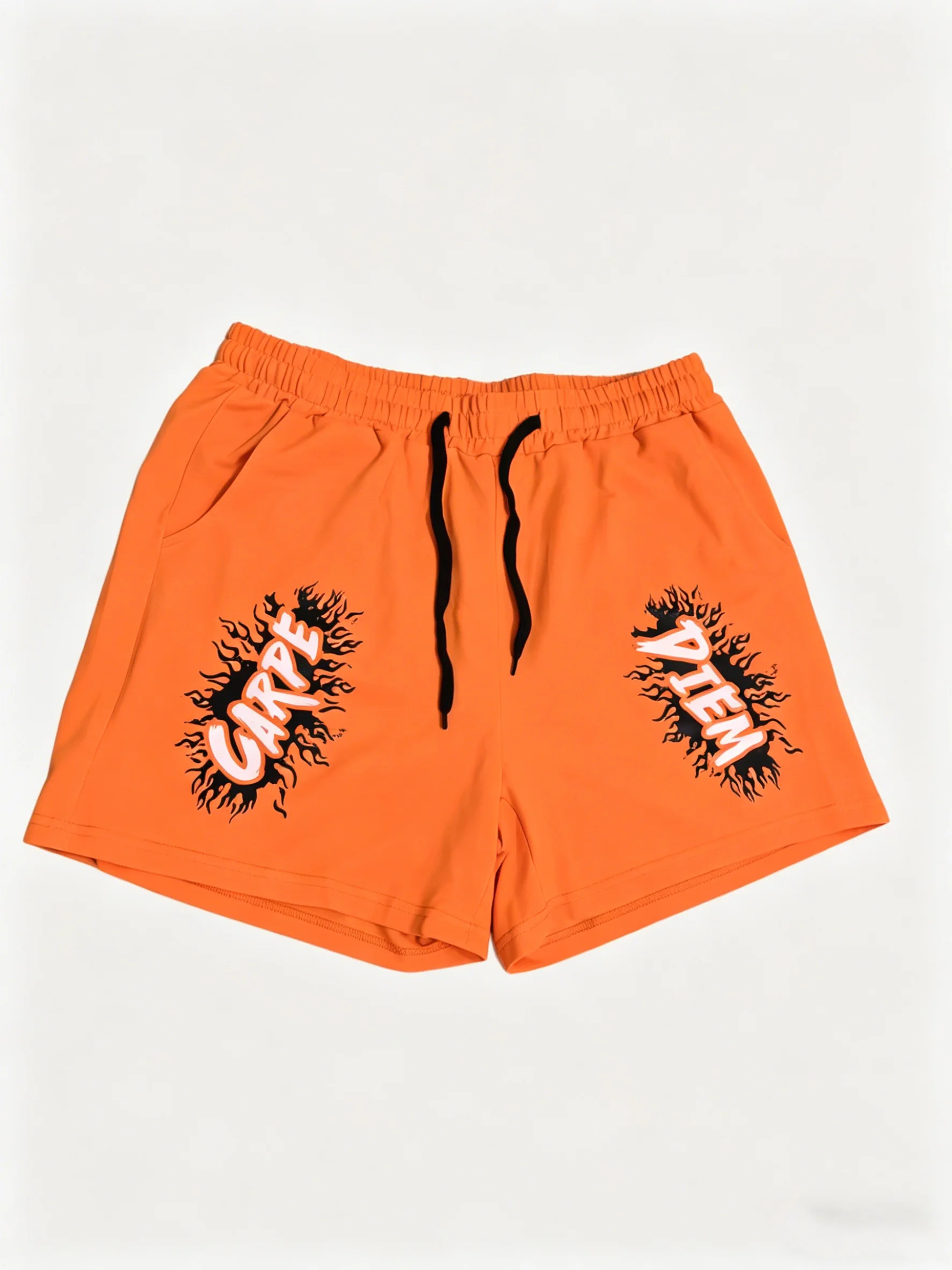 

Men's Summer Streetwear Shorts, Orange Graphic Drawstring Shorts, Versatile for Daily Outings & Festivals