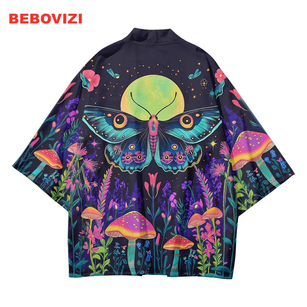 New Design Fashion Japanese Cardigan Haori Unisex Women Traditional Costume Butterfly Mushroom Print Shirt Yukata Beach Kimono