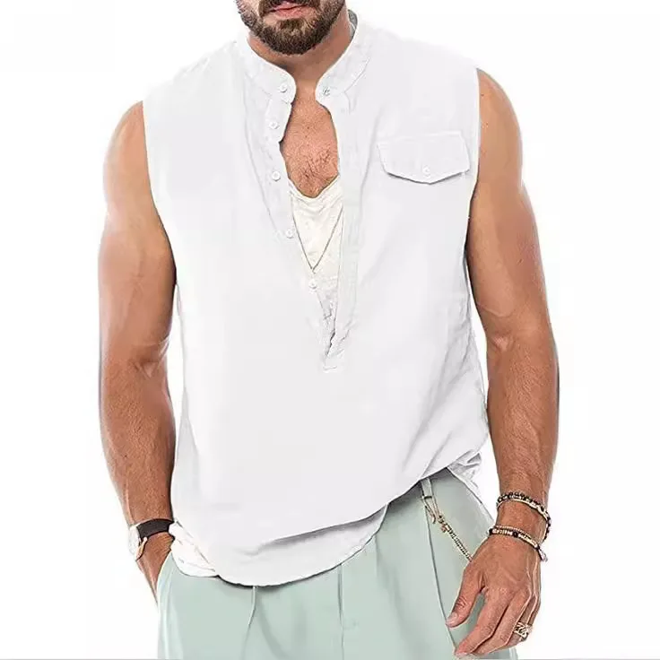New Men's Linen Vest Stand-up Collar Loose Sleeveless Vest