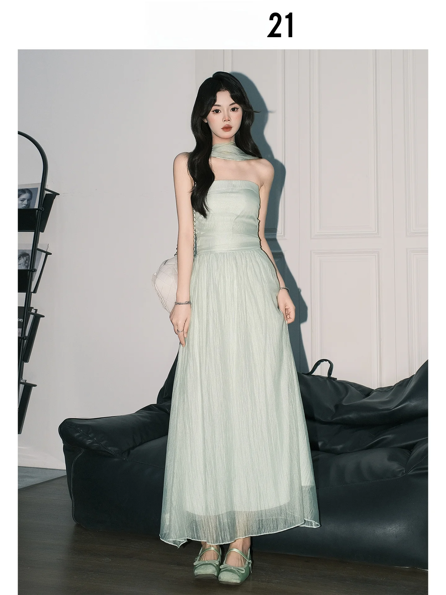 Vestido Elegante Brillante Sin Tirantes Forever 21 para Mujer, Verde con Faja, Cintura Ajustada, Vestido Largo con Falda en Línea A, Estilo Francés