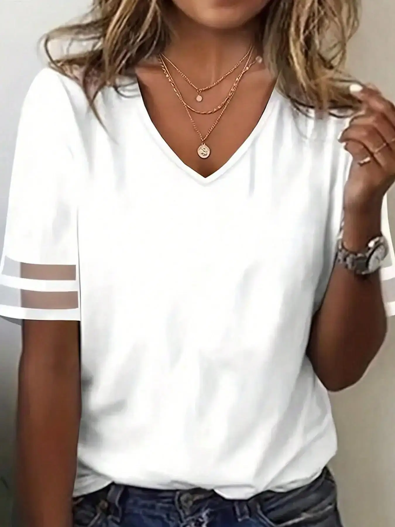 Women's Summer White V-Neck Short Sleeve T-Shirt, Mesh Spliced Sleeve Loose Casual Breathable Daily Top