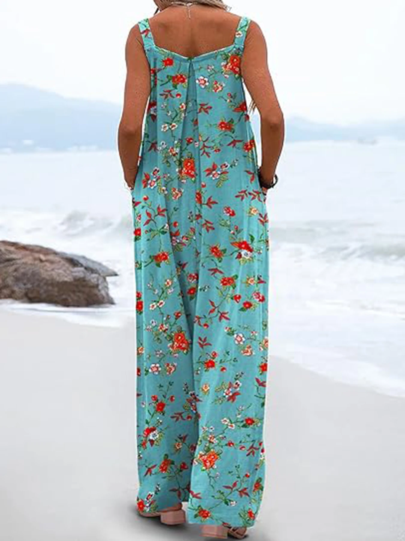 Women's Summer Floral Print Jumpsuit, Suitable for Vacations and Beaches