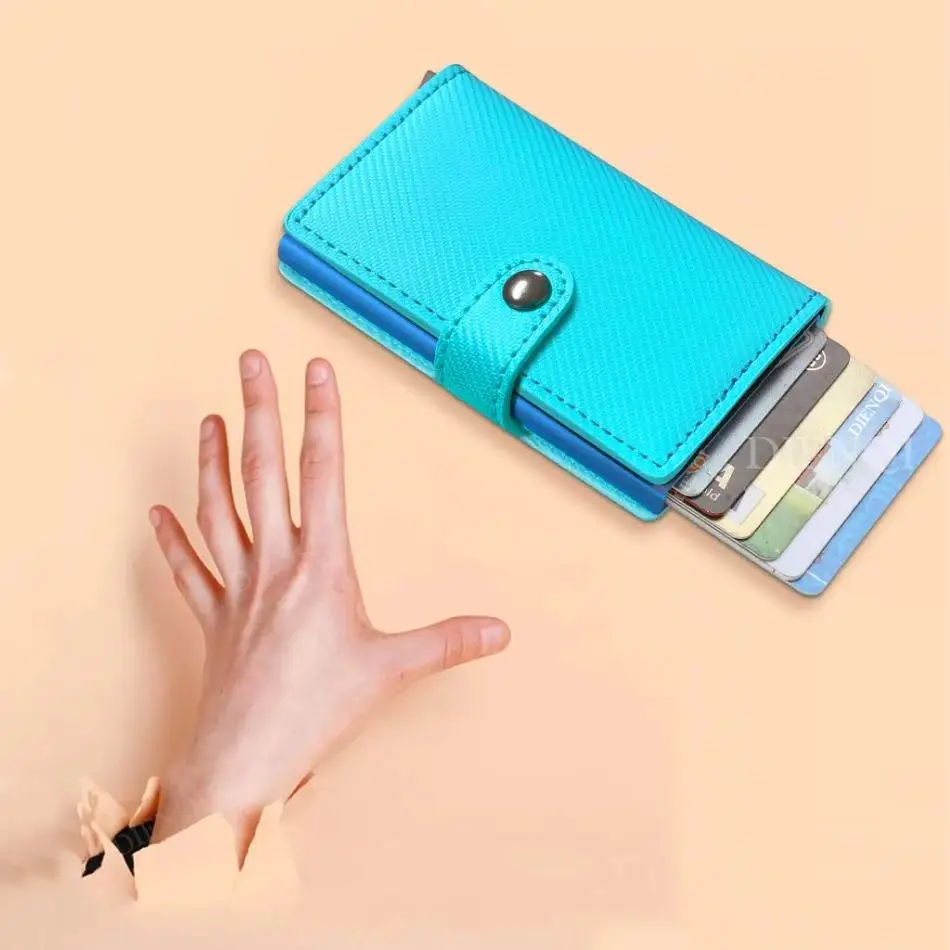 Tarjeteros de cuero PU, tarjetero de identificación, funda con nombre, tarjetero emergente automático con cerrojo, billeteras minimalistas, Clips para tarjetas