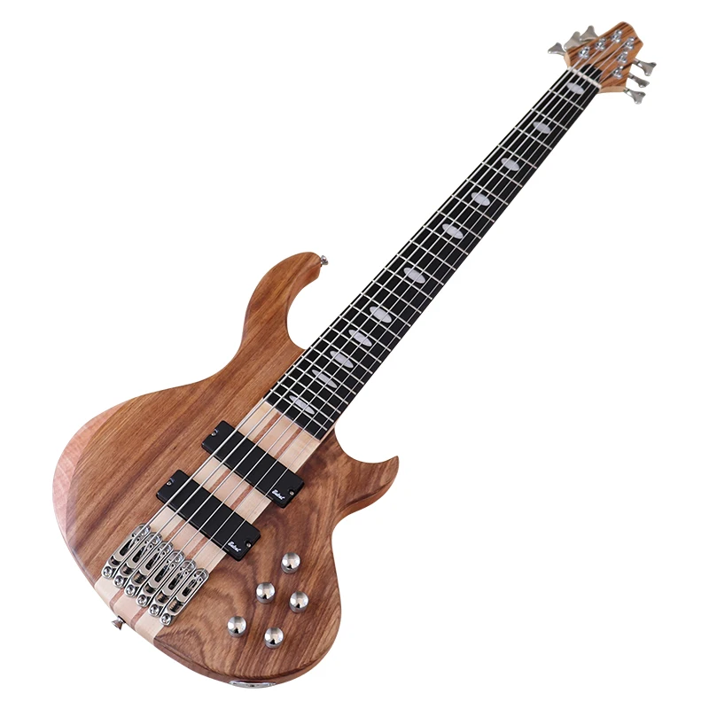 Professional 6 String Electric Bass Guitar Neck Through Solid Okoume Wood Matte 43 Inch Bass Guitar Hickory Top Active Guitar