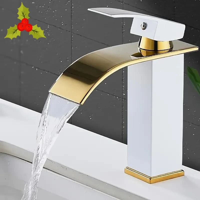 

New Luxury Black White Gold Waterfall Faucet Hot and Cold Dual Control Stainless Steel Alloy Finish Suitable for Bathroom Sink
