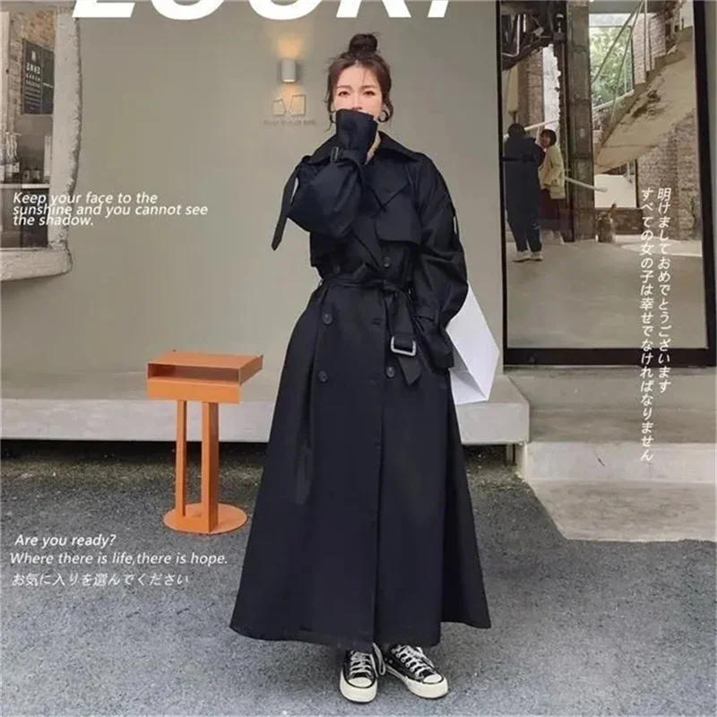 

Women 2025 Autumn Winter Khaki Long Trench Coat for Jacket Elegant Outerwear Turn-down Collar Tie Belt Korean Chic Windbreaker