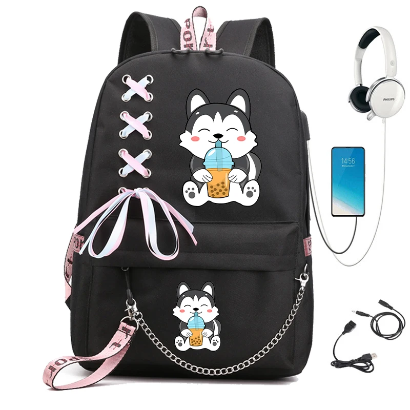 Neuer Trend Teenager Schule Schultern Rucksack Tasche Chibi Kawaii Husky Schüler Schult asche Kinder Anime Cartoon Bagpack USB-Tasche