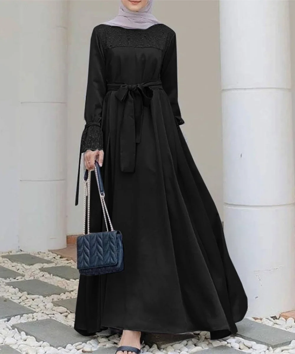 Women Eid Muslim Abaya Arab Dubai Embroidery Kaftan Islam Abayas Solid Ramadan Lace Jalabiya Morocco Long Robe Graceful