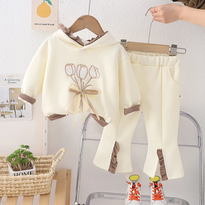 Spring Children Clothing Sets Baby Girls Floral Hooded Sweatshirt Pants Toddler Infant Casual Sportswear Kids Clothes Outfits